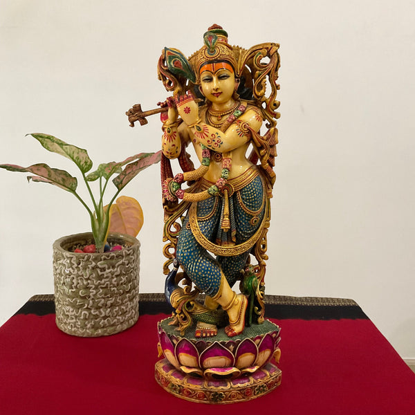 17 Inches Krishna Marble Dust & Resin Colourful Idol - Decorative Figurine - Crafts N Chisel - Indian Home Decor USA