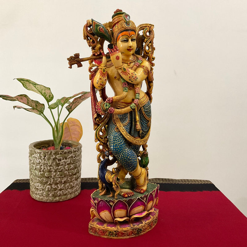 17 Inches Krishna Marble Dust & Resin Colourful Idol - Decorative Figurine - Crafts N Chisel - Indian Home Decor USA