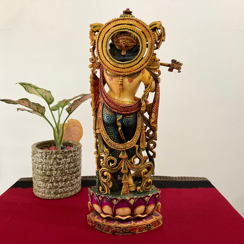 17 Inches Krishna Marble Dust & Resin Colourful Idol - Decorative Figurine - Crafts N Chisel - Indian Home Decor USA
