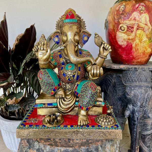 17” Lord Ganesh Brass Idol Stonework - handcrafted Ganpati Decorative Statue for Home Decor - Housewarming Gift - Crafts N Chisel - Indian Home Decor USA