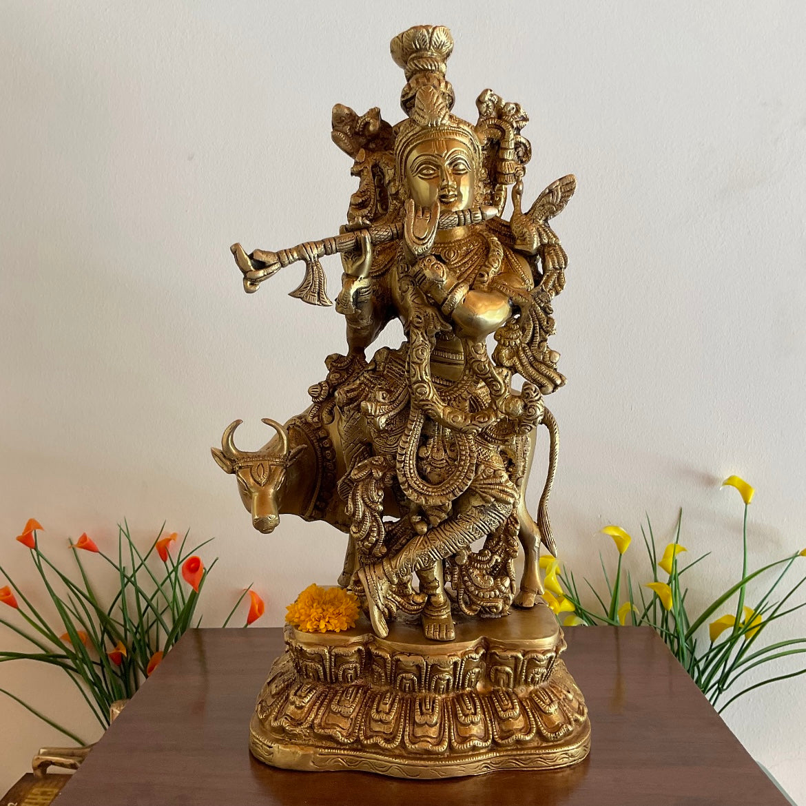 17" Brass Lord Krishna idol | Indian Hindu God | Crafts N Chisel