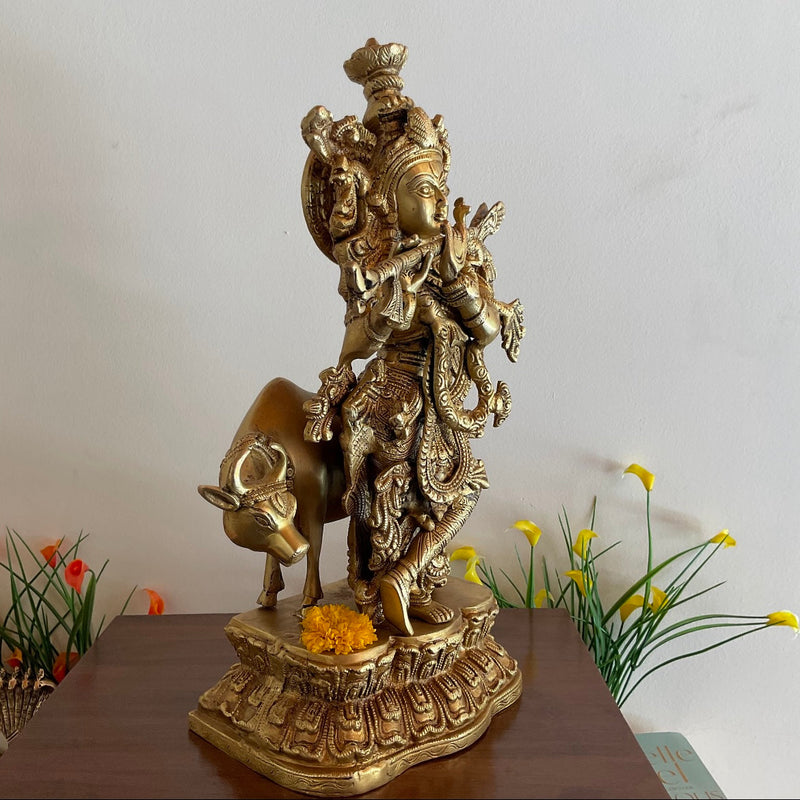 17” Lord Krishna & Cow Brass idol - Krishna Statue for Indian Decor - Crafts N Chisel - Indian Home Decor USA