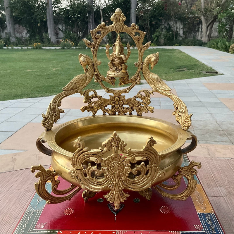 18.5” Decorative Ganesha & Peacock Brass Urli - Ganesha Urli Bowl For Home Decor - Crafts N Chisel - Indian Home Decor USA