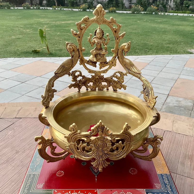 18.5” Decorative Lakshmi & Peacock Brass Urli - Ganesha Urli Bowl For Home Decor - Crafts N Chisel - Indian Home Decor USA