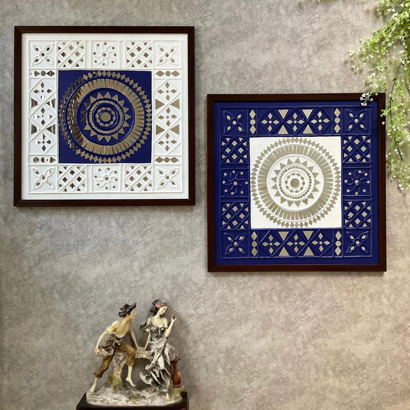 Lippan Art Wall Hanging, 18” Blue & White Inside Out Square (Set of 2) - Clay & Mirror Wall Decor- Crafts N Chisel - Indian Home Decor USA