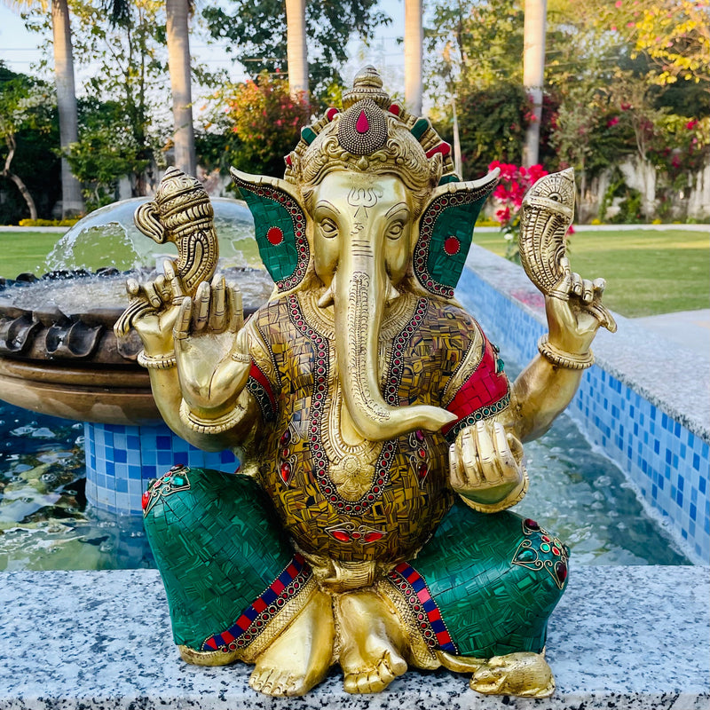 18” Lord Ganesh Brass Stonework Idol - Decorative Figurine - Crafts N Chisel - Indian Home Decor USA