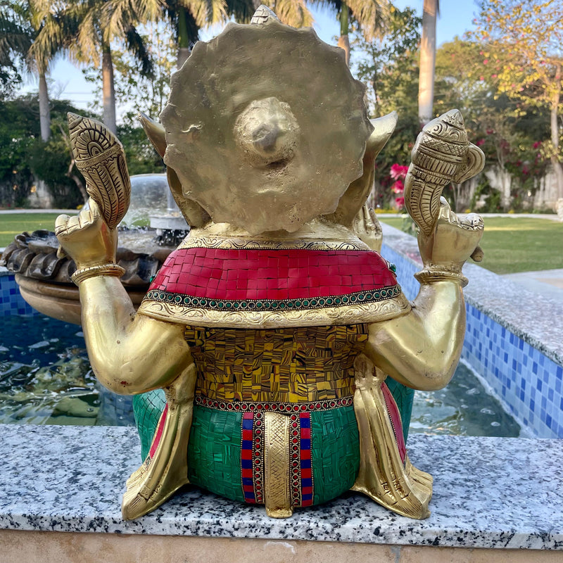 18” Lord Ganesh Brass Stonework Idol - Decorative Figurine - Crafts N Chisel - Indian Home Decor USA