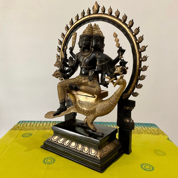 18 Inches Lord Murugan Swamy Kartikeya Brass Idol - Dual Colour Finish - Decorative Figurine - Crafts N Chisel - Indian Home Decor USA