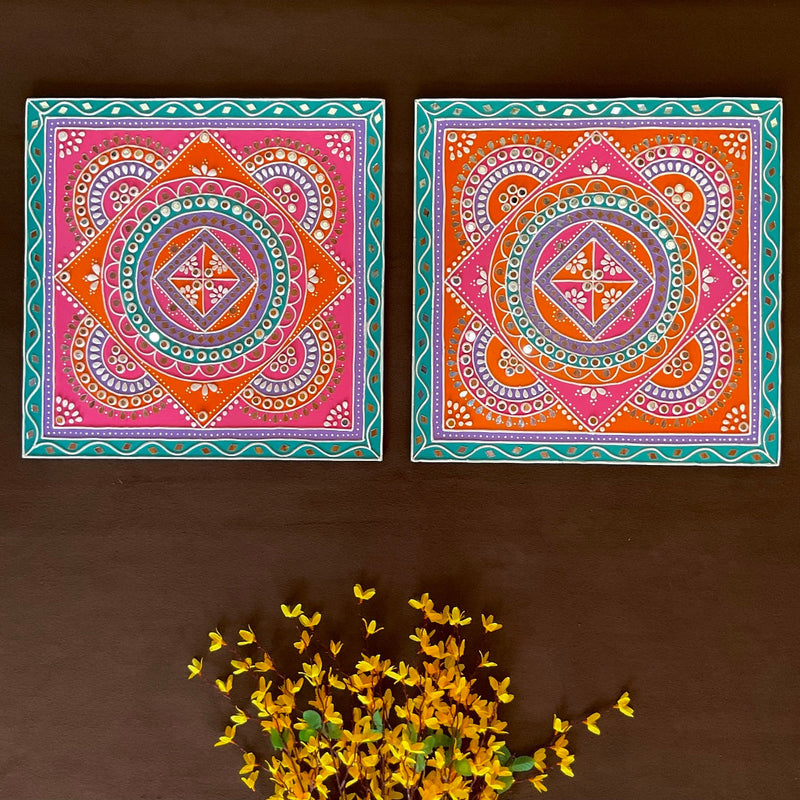 18” Rangoli Square Lippan Art (Set of 2) Wall Hanging - Clay Mirror Wall Decor - Crafts N Chisel - Indian Home Decor USA