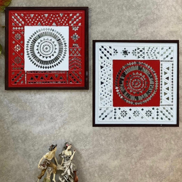Lippan Art 18” Red & White Inside Out Square (Set of 2) Wall Hanging - Clay Mirror Wall Decor - Crafts N Chisel - Indian Home Decor USA