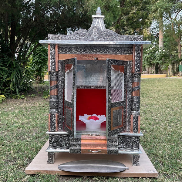19” Wooden Temple (Mandir) - Silver Oxidising - Crafts N Chisel - Indian Home Decor USA