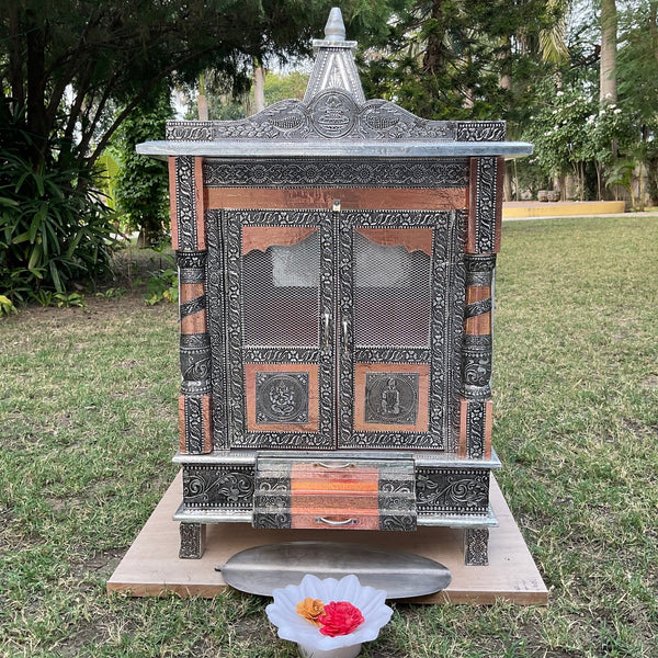 19” Wooden Temple (Mandir) - Silver Oxidising - Crafts N Chisel - Indian Home Decor USA