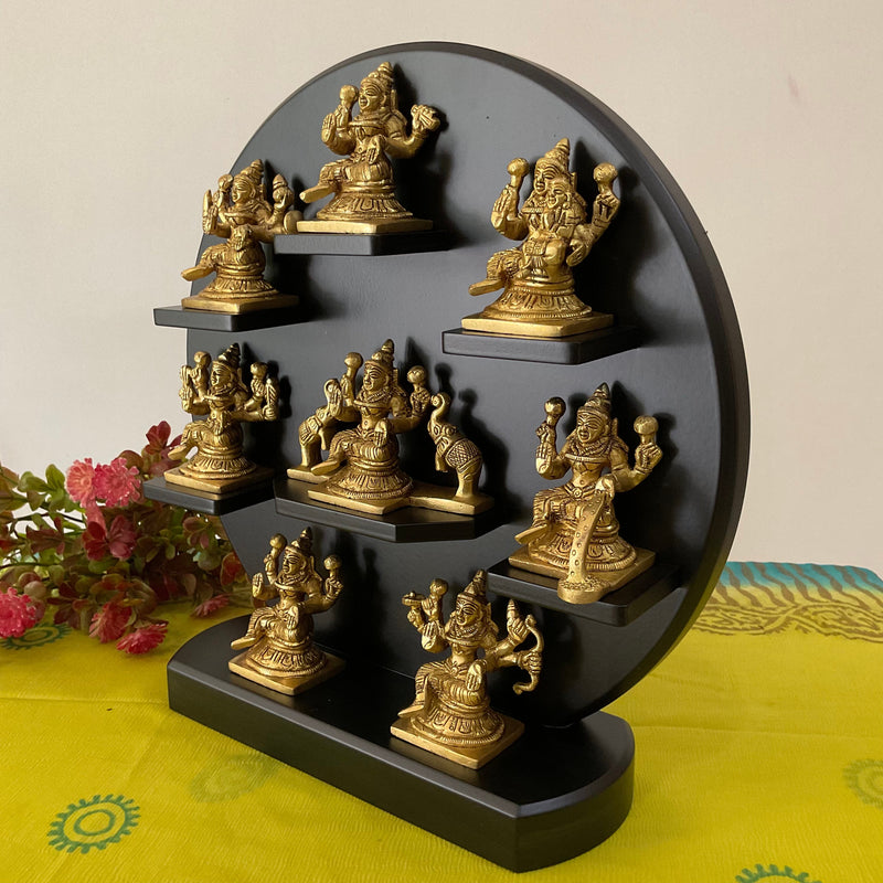 2.5” Ashtalakshmi Brass Idol With 12” Wooden Shelf - Crafts N Chisel - Indian Home Decor USA