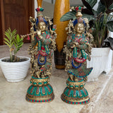 20” Brass Idol of Radha Krishna - Handcrafted turquoise Inlay - Decorative Figurines - Crafts N Chisel - Indian Home Decor USA