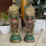 20” Brass Idol of Radha Krishna - Handcrafted turquoise Inlay - Decorative Figurines - Crafts N Chisel - Indian Home Decor USA