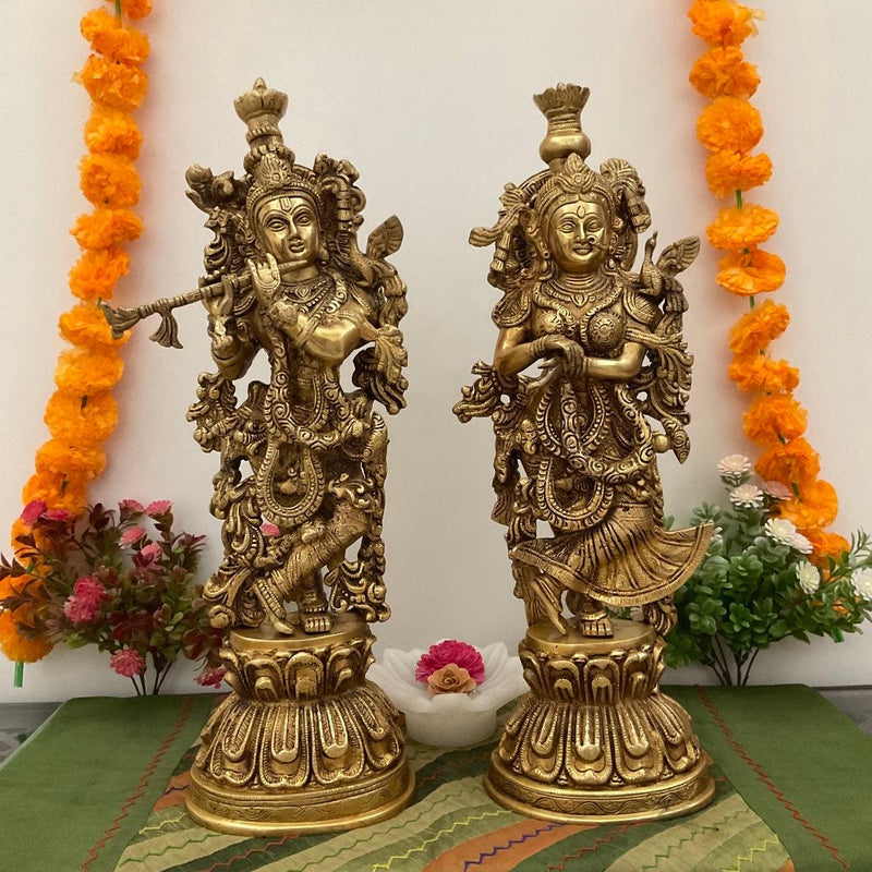 20” Brass Idol of Radha Krishna - Handmade Decorative Figurines - Crafts N Chisel - Indian Home Decor USA