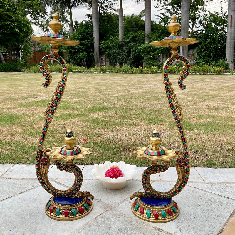 20” Handmade Standing Brass Diya Lamp With Stonework (Set of 2) - Crafts N Chisel - Indian Home Decor USA