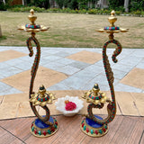 20” Handmade Standing Brass Diya Lamp With Stonework (Set of 2) - Crafts N Chisel - Indian Home Decor USA