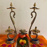 20” Handmade Standing Brass Diya Lamp With Stonework (Set of 2) - Crafts N Chisel - Indian Home Decor USA