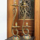 20” Handmade Standing Brass Diya Lamp With Stonework (Set of 2) - Crafts N Chisel - Indian Home Decor USA