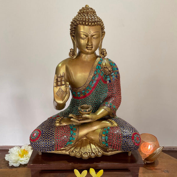 21” Lord Buddha Brass Idol With Stonework - Crafts N Chisel - Indian Home Decor USA