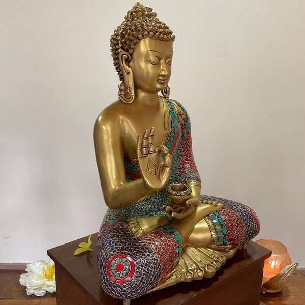 21” Lord Buddha Brass Idol With Stonework - Crafts N Chisel - Indian Home Decor USA