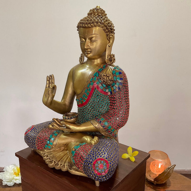 21” Lord Buddha Brass Idol With Stonework - Crafts N Chisel - Indian Home Decor USA