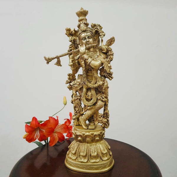 20” Lord Krishna Brass Idol - Decorative Figurine-Crafts N Chisel-Indian Handicrafts Online USA