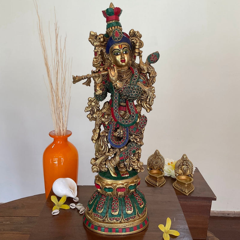 20” Lord Krishna Brass Idol Stonework - Decorative Figurine - Crafts N Chisel - Indian Home Decor USA