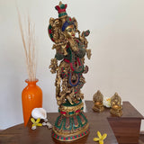 20” Lord Krishna Brass Idol Stonework - Decorative Figurine - Crafts N Chisel - Indian Home Decor USA