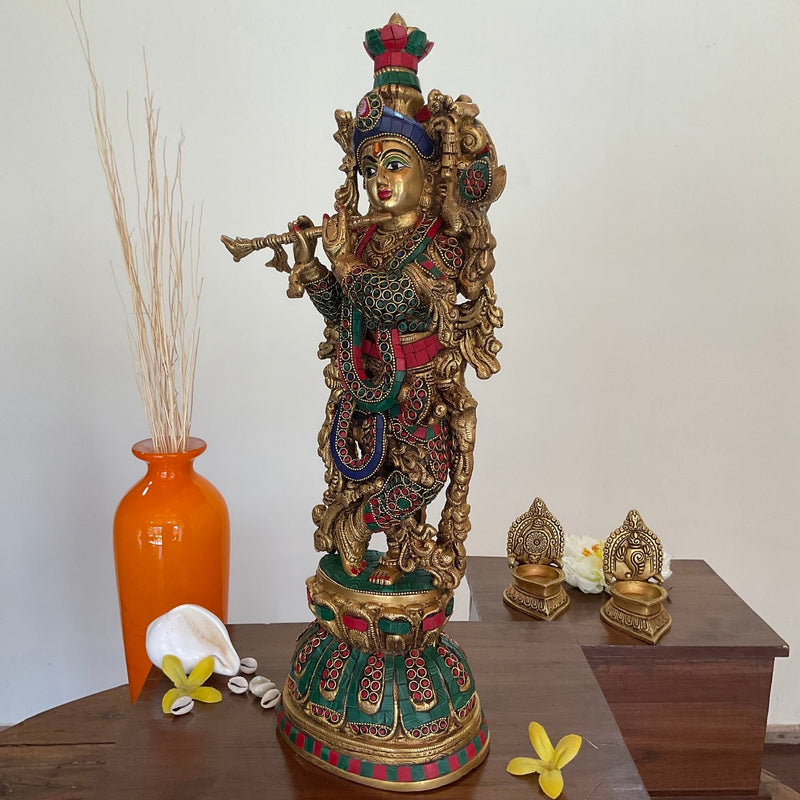 20” Lord Krishna Brass Idol Stonework - Decorative Figurine - Crafts N Chisel - Indian Home Decor USA