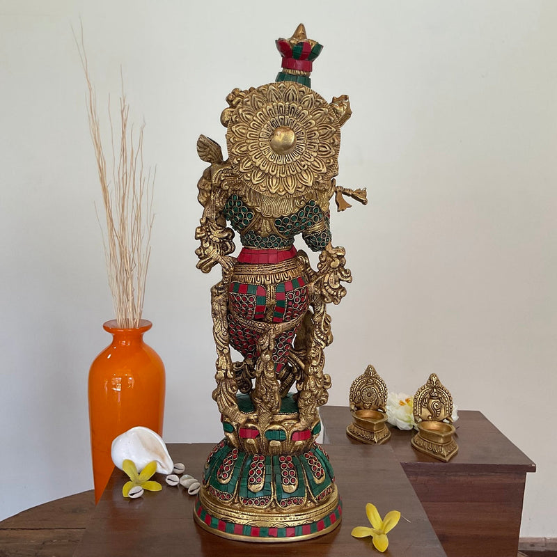 20” Lord Krishna Brass Idol Stonework - Decorative Figurine - Crafts N Chisel - Indian Home Decor USA