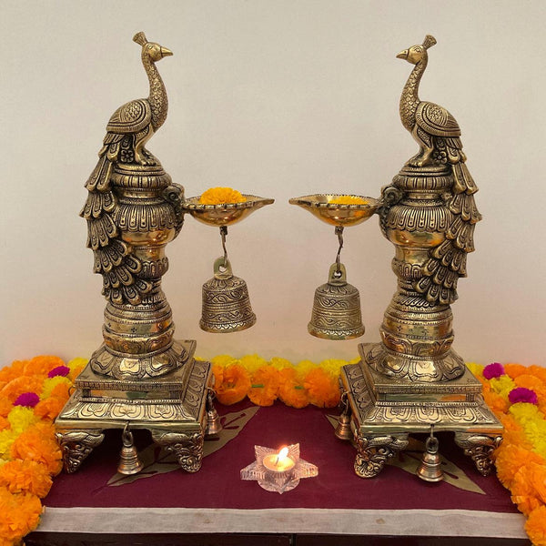 20” Sitting Peacock Diya & Bell (Set of 2) - Handmade Brass lamp - Decorative Decor - Crafts N Chisel - Indian Home Decor USA