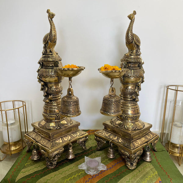 20” Sitting Peacock Diya & Bell (Set of 2) - Handmade Brass lamp - Decorative Decor - Crafts N Chisel - Indian Home Decor USA