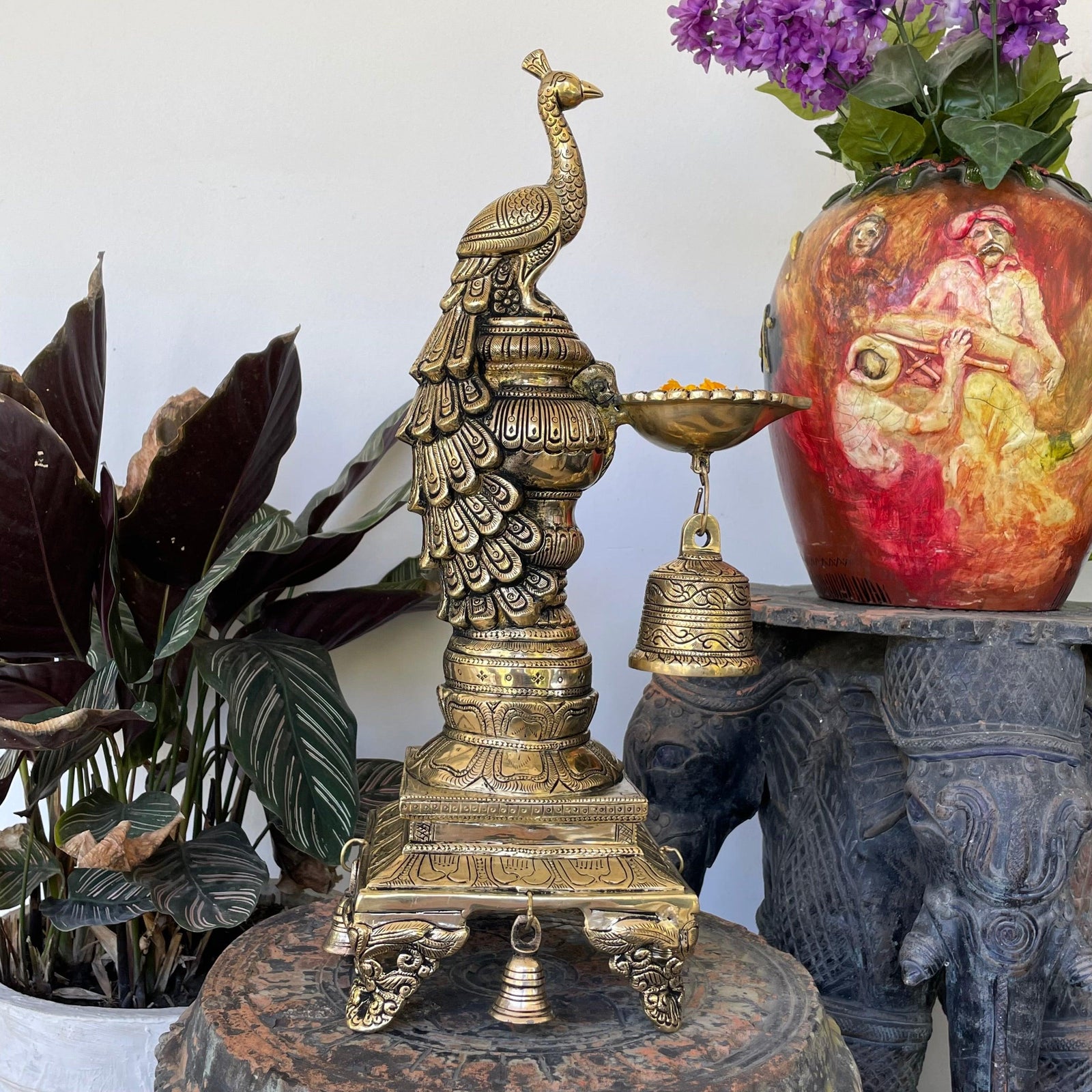 20 Inches Sitting Peacock Diya Bell Set of 2 Handmade Brass lamp Decorative Decor