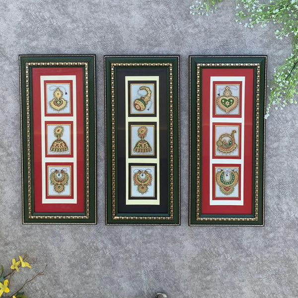 21.5” Handcrafted Jewelry Painting (Set of 3) - Wall Decor - 22K Gold Leaf Meenakari Marble Art - Crafts N Chisel - Indian Home Decor USA