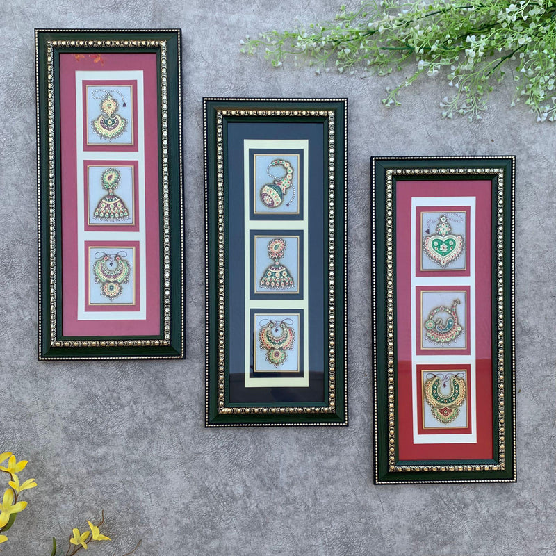 21.5” Handcrafted Jewelry Painting (Set of 3) - Wall Decor - 22K Gold Leaf Meenakari Marble Art - Crafts N Chisel - Indian Home Decor USA