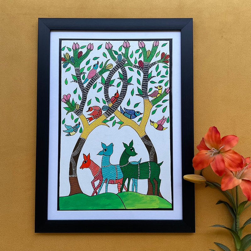 21” Deer Family Gond Art - Handpainted Wall Decor - Crafts N Chisel - Indian Home Decor USA