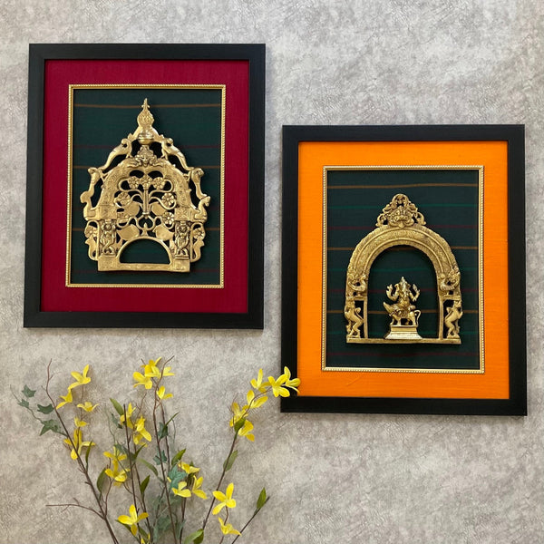 21” Framed Brass Prabhavali With Ganesha (Set of 2) - Ethnic Wall Decor - Crafts N Chisel - Indian Home Decor USA