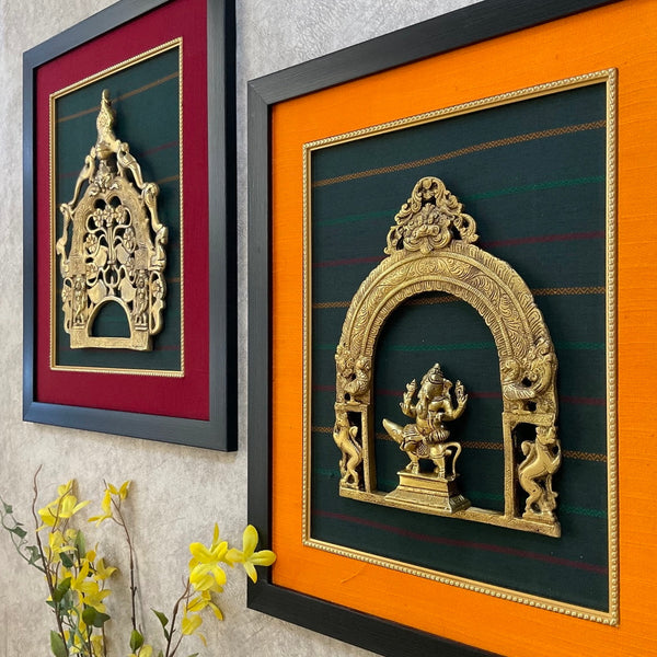21” Framed Brass Prabhavali With Ganesha (Set of 2) - Ethnic Wall Decor - Crafts N Chisel - Indian Home Decor USA