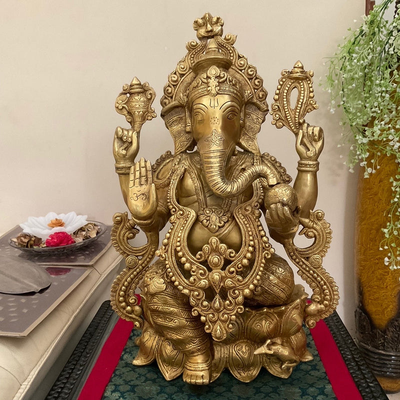 21” Lord Ganesh Brass Idol - Handcrafted Decorative Figurine - Crafts N Chisel - Indian Home Decor USA