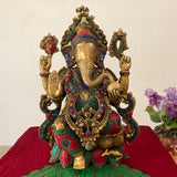 21” Lord Ganesh Brass Idol With Stonework - Handcrafted Ganpati Decorative Statue for Home Decor - Housewarming Gift - Crafts N Chisel - Indian Home Decor USA