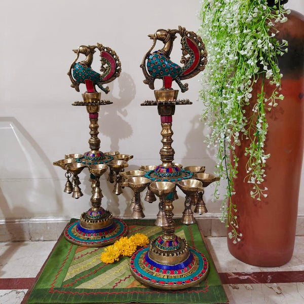 22 Dancing Peacock Brass Diya, Indian Home Decor