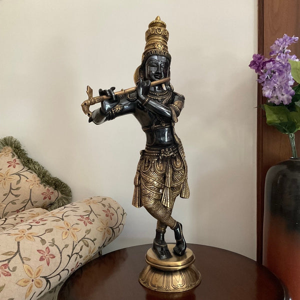 23” Lord Krishna Brass Idol - Decorative Figurine - Crafts N Chisel - Indian Home Decor USA