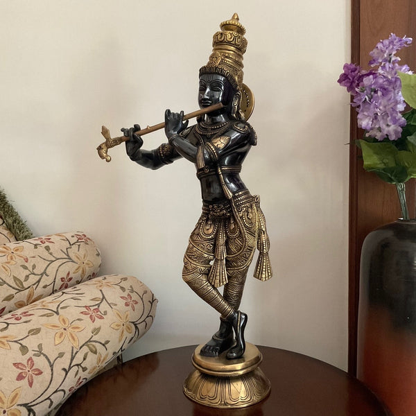 23” Lord Krishna Brass Idol - Decorative Figurine - Crafts N Chisel - Indian Home Decor USA