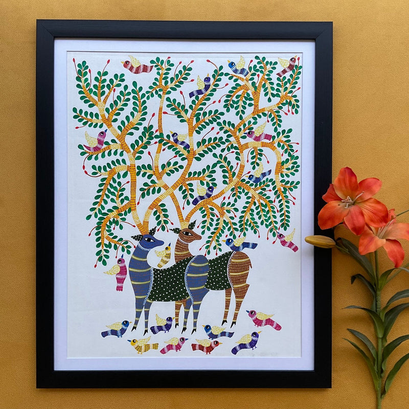 25.5” Deer With Tree Gond Art Framed - Handpainted Wall Decor - Crafts N Chisel - Indian Home Decor USA