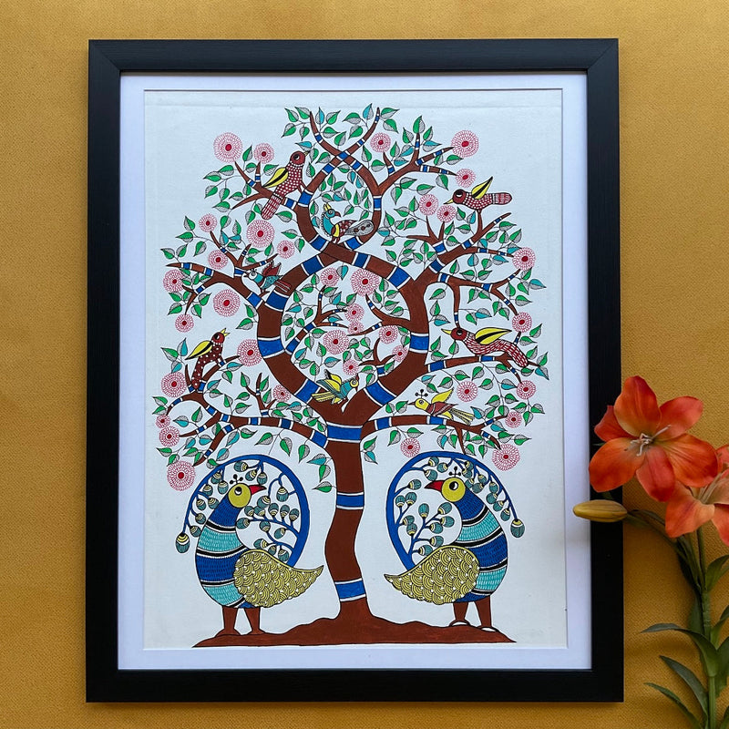 25.5” Twin Birds Gond Art - Handpainted Wall Decor - Crafts N Chisel - Indian Home Decor USA