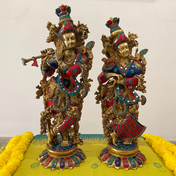 25 inches Radha Krishna Idol Brass Stonework - Handmade Decorative Figurines - Crafts N Chisel - Indian Home Decor USA