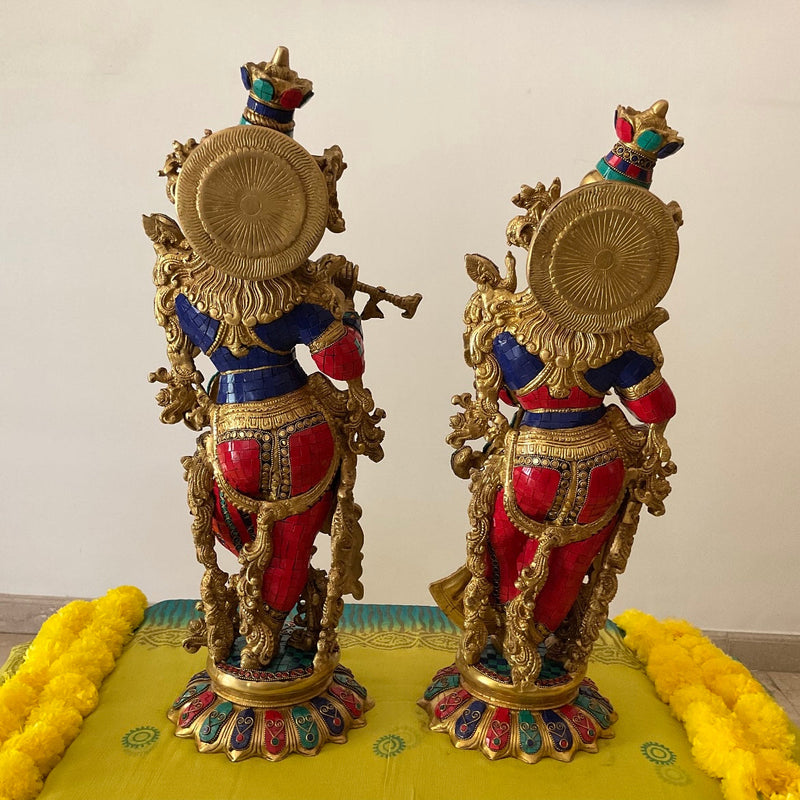 25” Brass Idol of Radha Krishna Stonework - Handmade Decorative Figurines - Crafts N Chisel - Indian Home Decor USA