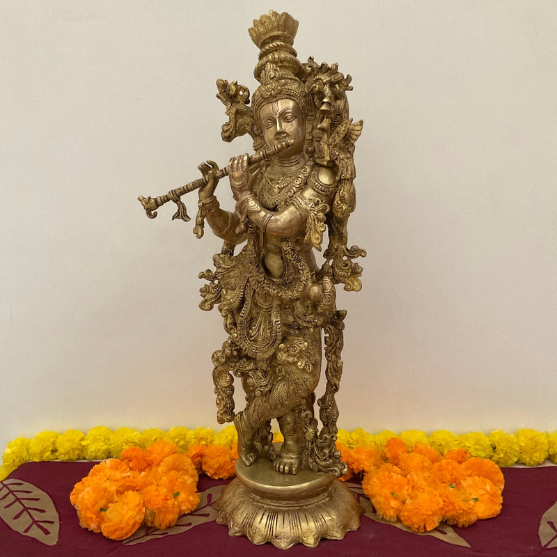 25” Brass Krishna Idol - Handmade Decorative Figurines - Crafts N Chisel - Indian Home Decor USA